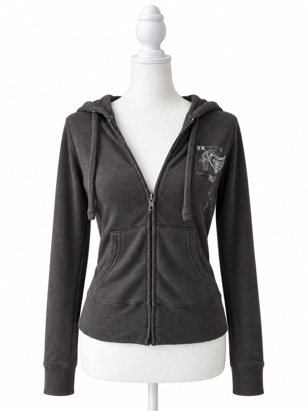 Roxy Charcoal Gray Zip Hoodie with Heart Graphic